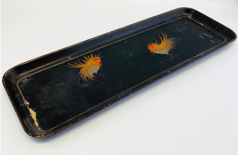 19th Century Lacquerware Tray with Hand-painted Roosters - Tuxedo Park Junk Shop