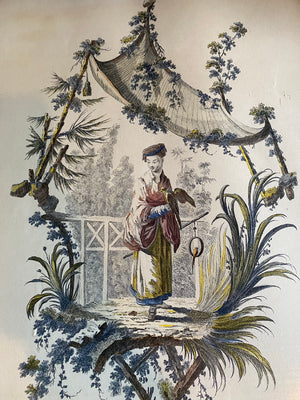 after Jean-Baptiste Pillement, Rococo Chinoiserie Hand-Tinted Prints, a pair