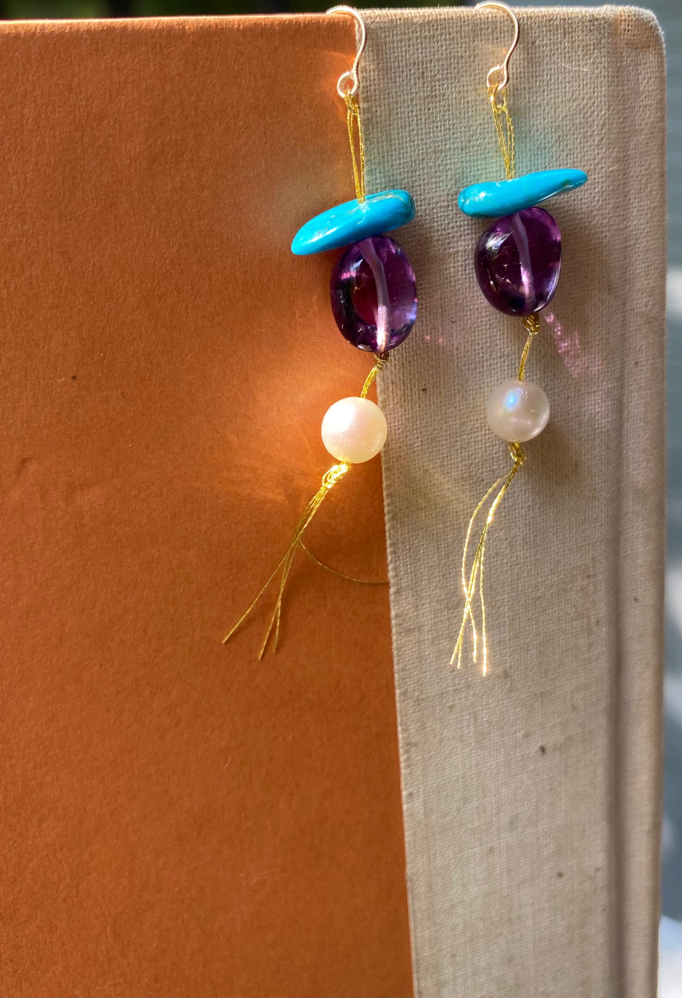Japanese Kinshi Earrings with Turquoise, Alexandrite, and Pearl