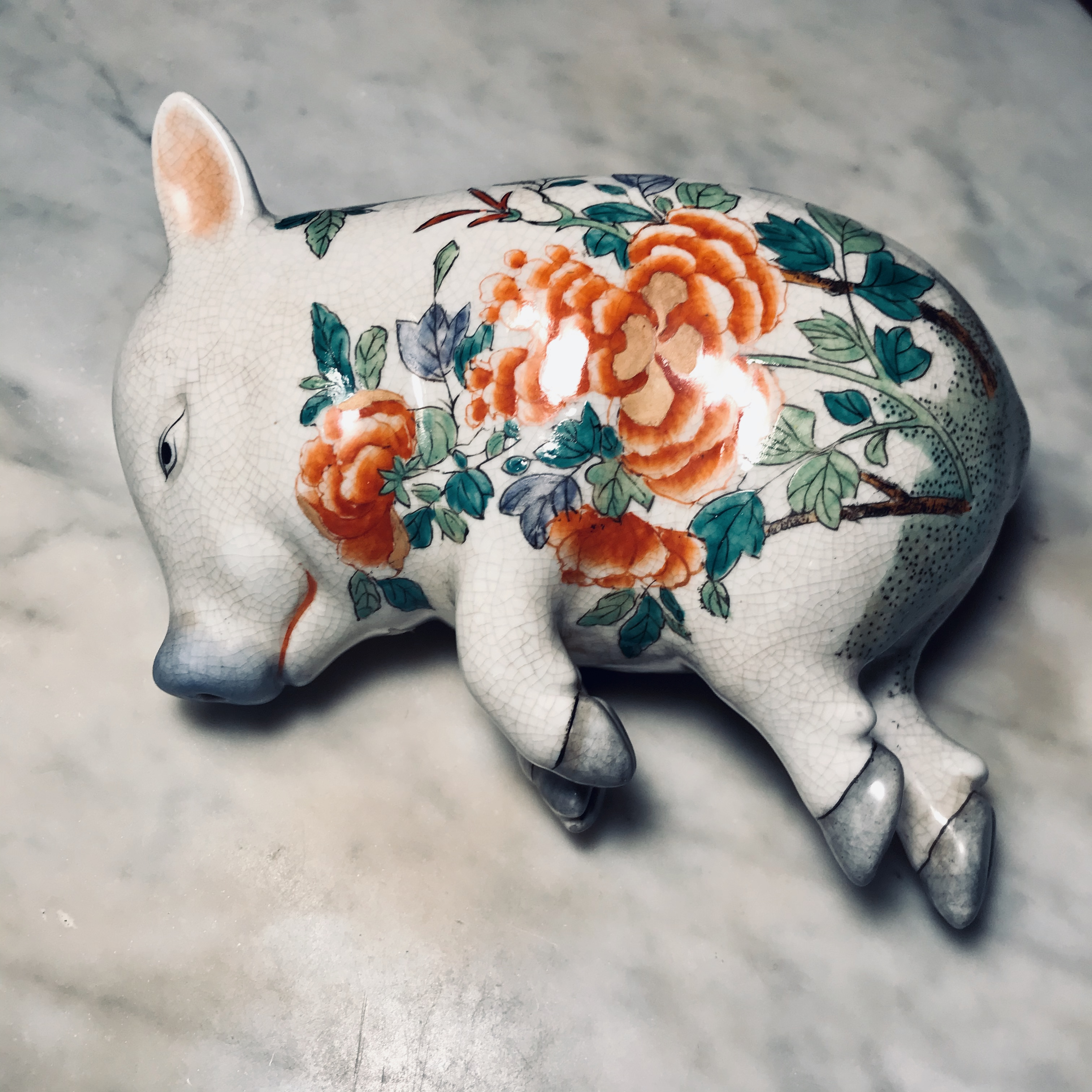 Porcelain Hand Painted Pig in Repose
