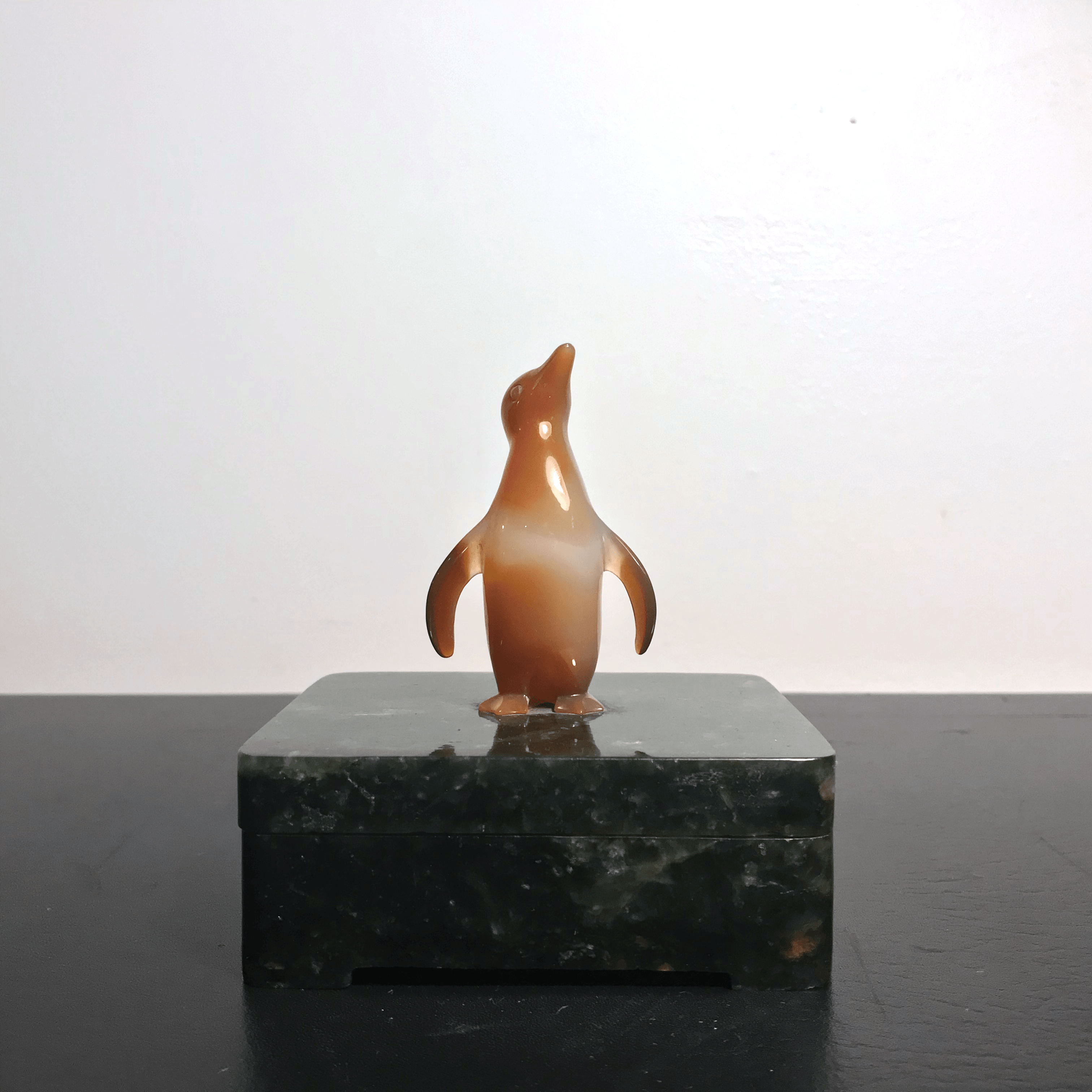 Spinach Jade Box with Chalcedony Penguin - Tuxedo Park Junk Shop