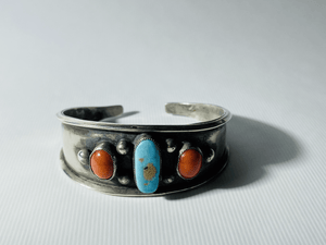 Old Pawn Navajo Turquoise and Coral Sterling Silver Cuff - Tuxedo Park Junk Shop