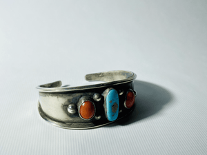 Old Pawn Navajo Turquoise and Coral Sterling Silver Cuff - Tuxedo Park Junk Shop
