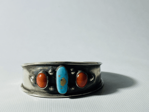 Old Pawn Navajo Turquoise and Coral Sterling Silver Cuff - Tuxedo Park Junk Shop