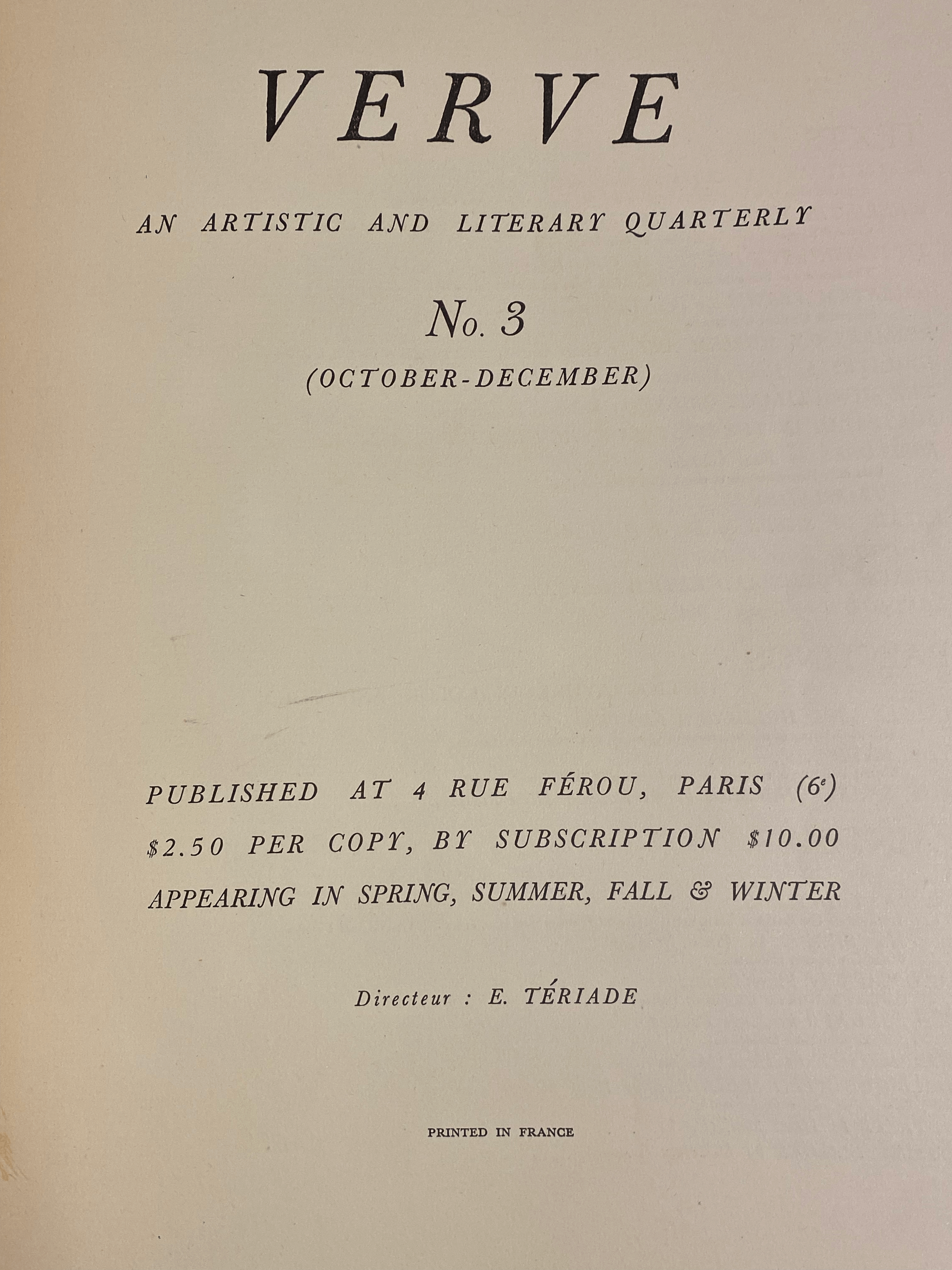VERVE An Artistic and Literary Quarterly Volume 1 No. 3 October - December 1938