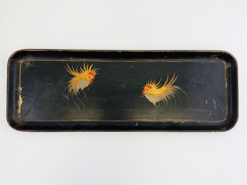19th Century Lacquerware Tray with Hand-painted Roosters - Tuxedo Park Junk Shop