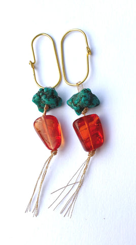 Japanese Kinshi Earrings with Turquoise and Padparadscha Sapphires