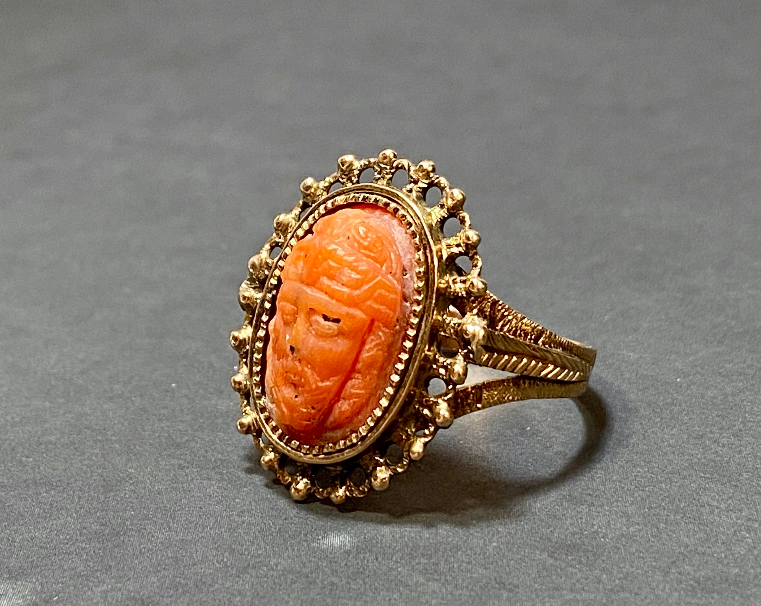 Victorian Coral Greek Cameo Ring 14K