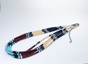 Santo Domingo Pueblo Vintage Five Strand Turquoise, Jet and Shell Heishi Bead Necklace