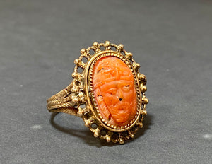 Victorian Coral Greek Cameo Ring 14K