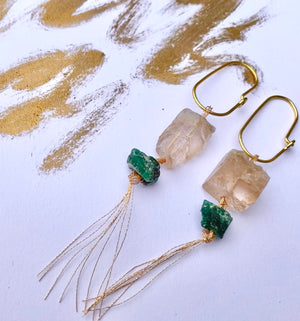 Japanese Kinshi Earrings with Imperial Topaz and Emerald